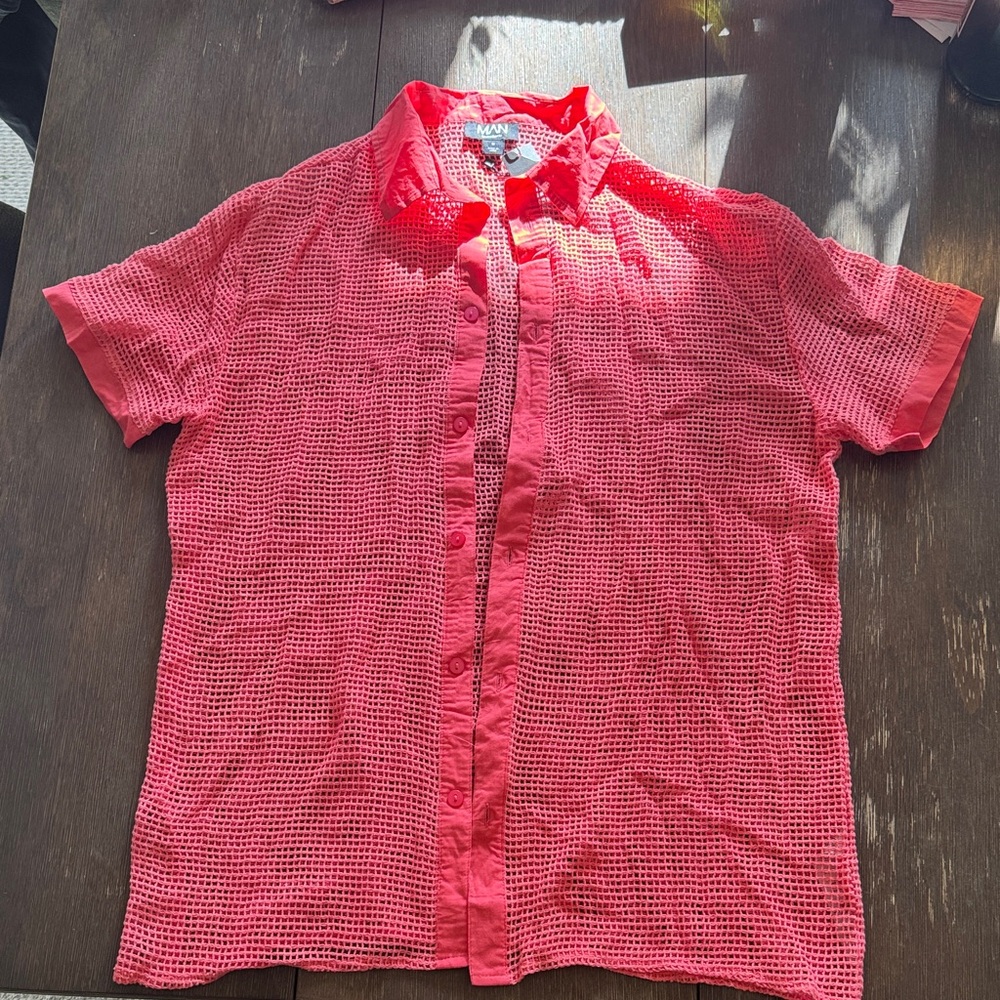 boohooMAN short sleeve open weave oversized shirt PINK/Reddish pink